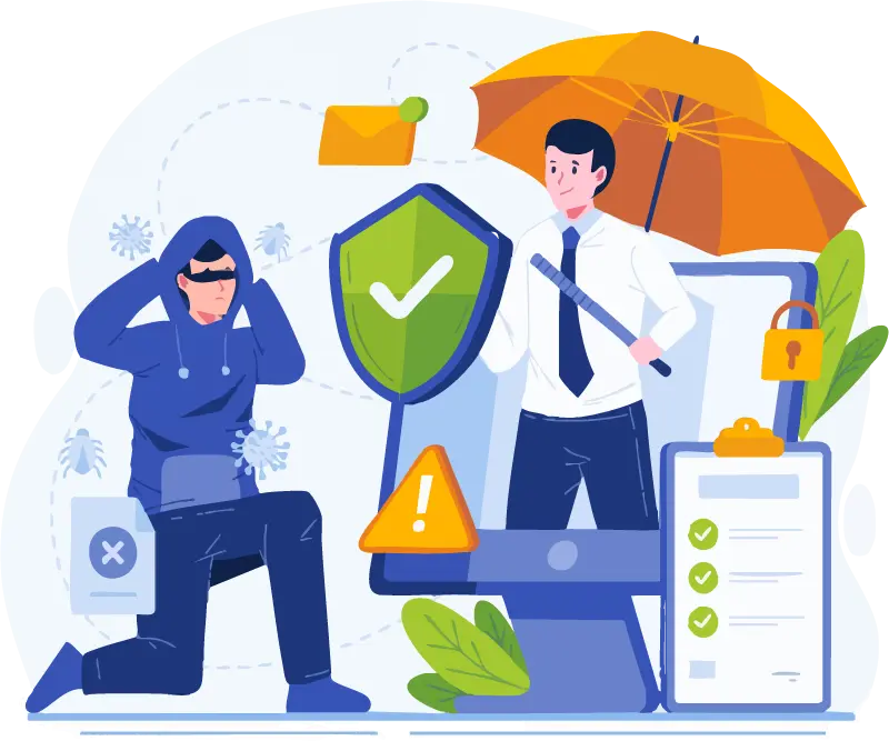 Illustration d'une protection informatique, montrant des équipements protégés sous un bouclier, symbolisant la couverture contre les risques tels que le feu, les surtensions et les catastrophes naturelles.