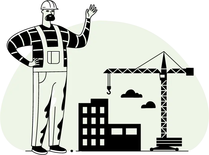 Illustration d'un ouvrier du bâtiment avec casque à côté d'un immeuble en construction et d'une grue, représentant le concept d'Assurance Responsabilité Civile Décennale.