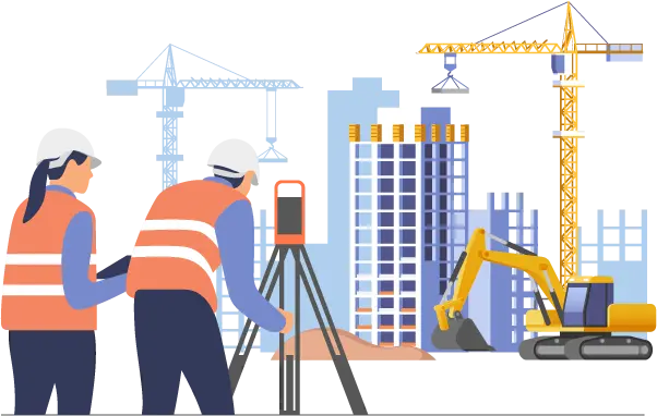 Deux ingénieurs en construction travaillant sur un chantier avec des grues et des machines, illustrant le concept d'Assurance Tous Risques Chantier.